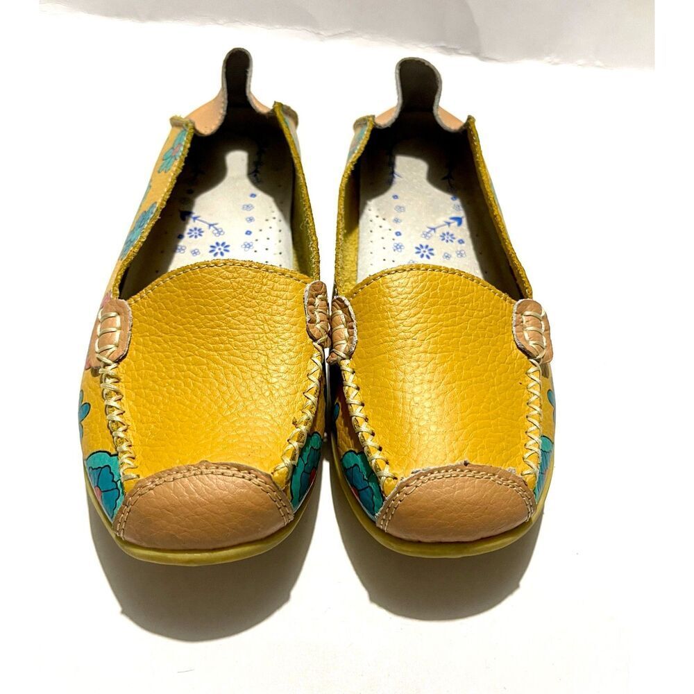 Ablanczoom loafers leather floral yellow moccasin comfy women's 7 - Picture 5 of 8
